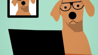 パソコンをする犬